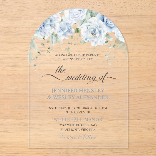 Bleke Blauwe Rozen Acryl Huwelijksuitnodiging Acryl Uitnodigingen (Voorkant)