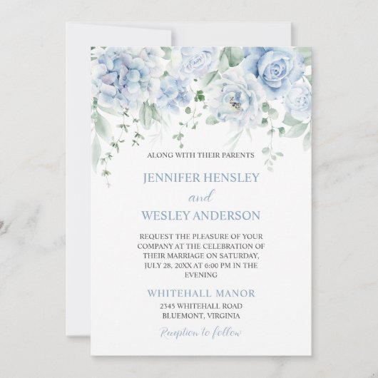 Bleke Blauwe Rozen Hortensia's Huwelijksuitnodigin Kaart (Voorkant)