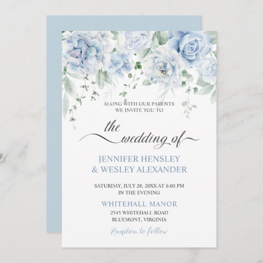 Bleke Blauwe Rozen Hortensia's Huwelijksuitnodigin Kaart (Voorkant / Achterkant)