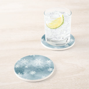 Bleke Blauwe Sneeuwvlokken Waterverf Winter Zandsteen Onderzetter