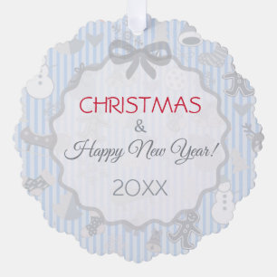 Bleke Blauwe Strepen Boog Whimsical Kerst Zilver Ornament Kaart