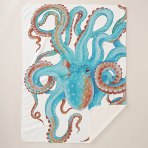 Bleke Blauwgroen blauwe octopus Waterverf Sherpa Deken