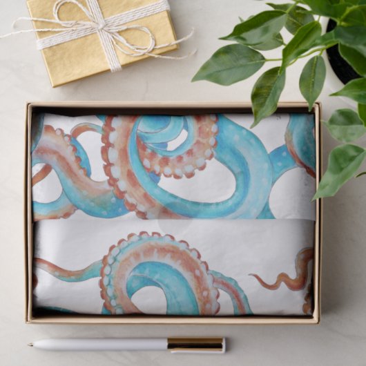 Bleke Blauwgroen blauwe octopus Waterverf Tissuepapier (Geschenk)
