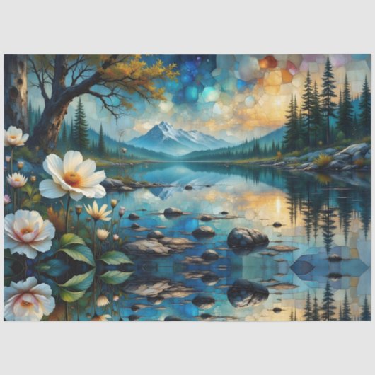Bleke bloemen groeien langs blauwe rivier, Bergen Tissuepapier (Voorkant)