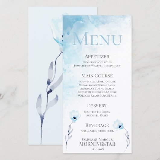 Bleke Blue Anemone Waterverf Wedding Menu (Voorkant / Achterkant)