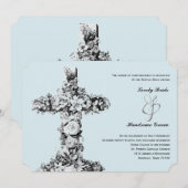 Bleke Blue Floral Cross katholieke bruiloft Uitnod Kaart (Voorkant / Achterkant)