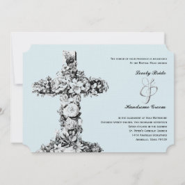Bleke Blue Floral Cross katholieke bruiloft Uitnod Kaart