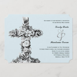 Bleke Blue Floral Cross katholieke bruiloft Uitnod Kaart