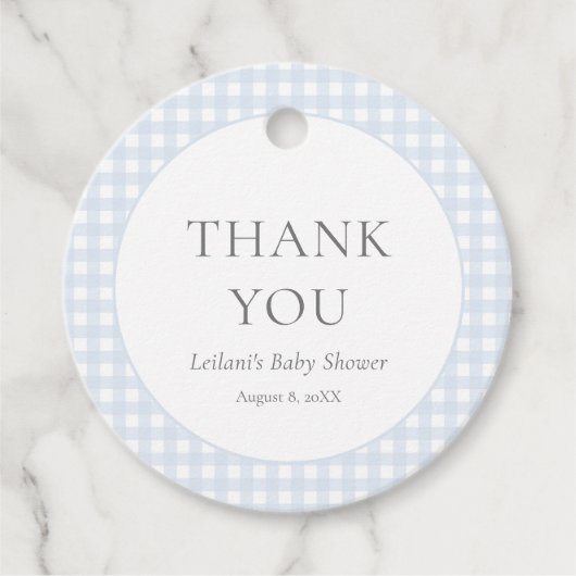 Bleke Blue Gingham Boy's Baby shower Bedankjes Labels (Voorkant)