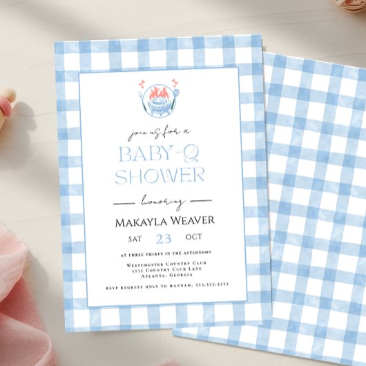 Bleke Blue Gingham Plaid Baby shower BBQ Uitnodigi Kaart