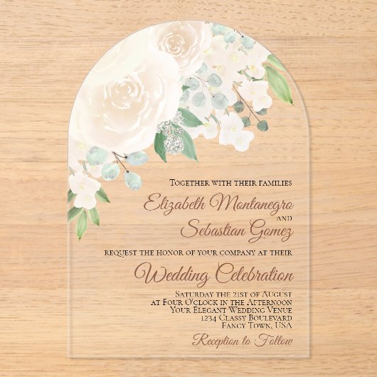 Bleke Blush Waterverf Rozen Elegant Boog Huwelijk Acryl Uitnodigingen (Voorkant)