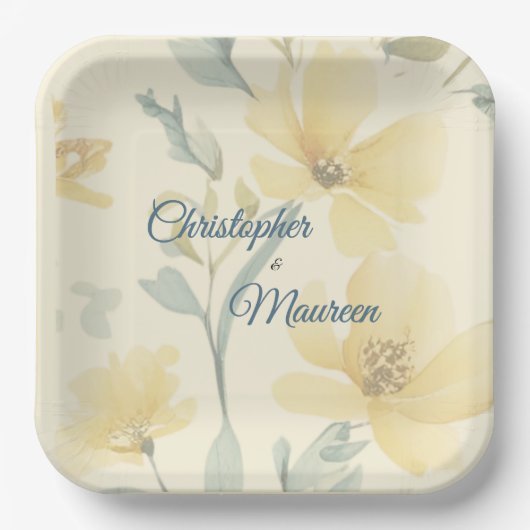 Bleke Boter Geel Zacht Blauw Bloemen Huwelijk Papieren Bordje (Voorkant)