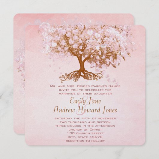 Bleke Dogwood Pink Heart Tree Wedding Invitations Kaart (Voorkant / Achterkant)