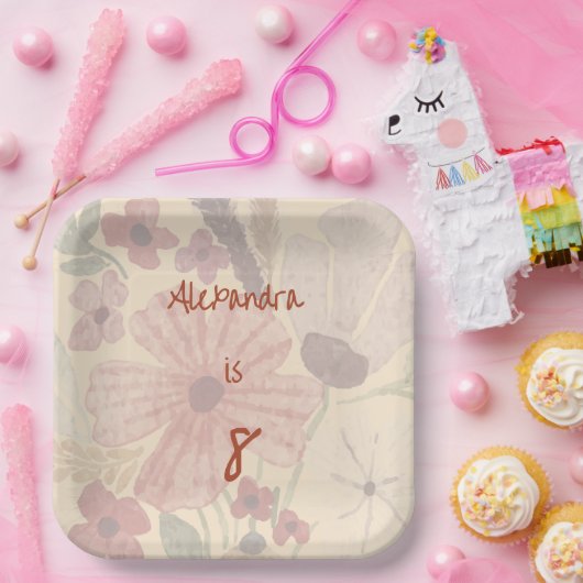 Bleke Geel & Roestige Rode Waterverf Bloemen Papieren Bordje (Feest)