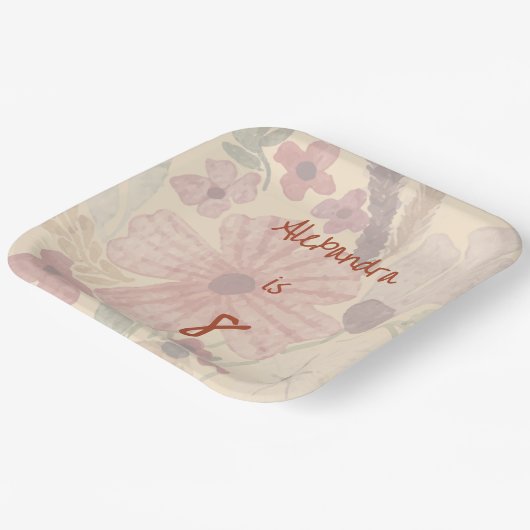 Bleke Geel & Roestige Rode Waterverf Bloemen Papieren Bordje (Gebogen)