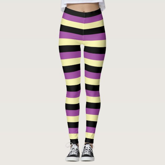 Bleke geel, zwarte en Paarse strepen Leggings (Voorkant)