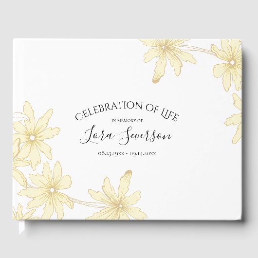 Bleke gele madeliefjes viering van het levensmonum gastenboek (Voorkant)