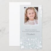 Bleke grijze, witte bloemen, religieuze fotokaart bedankkaart (Voorkant / Achterkant)