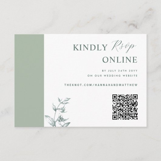 Bleke Groen Elegante QR Code RSVP Wedding Informatiekaartje (Voorkant)