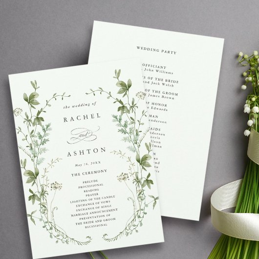 Bleke groene Elegant Wildflower Wedding-ceremonie Programmakaart