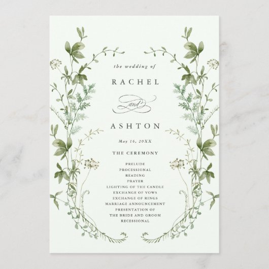 Bleke groene Elegant Wildflower Wedding-ceremonie Programmakaart (Voorkant)