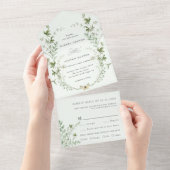 Bleke groene elegante Waterverf Wildflower Wedding All In One Uitnodiging (Afscheurbaar)