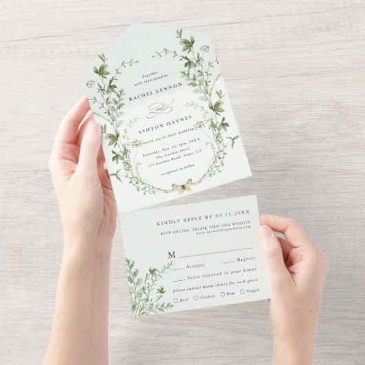 Bleke groene elegante Waterverf Wildflower Wedding All In One Uitnodiging (Afscheurbaar)