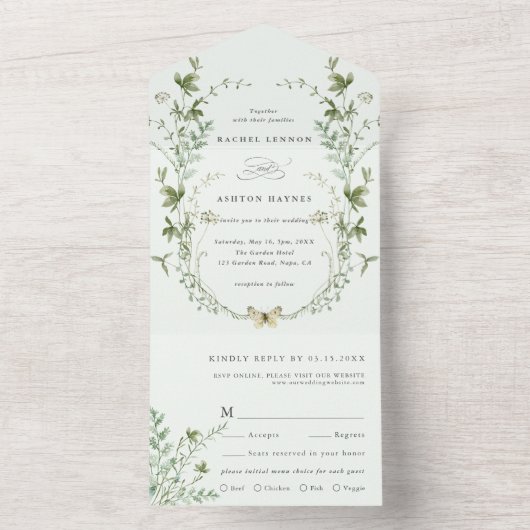 Bleke groene elegante Waterverf Wildflower Wedding All In One Uitnodiging (Binnen)