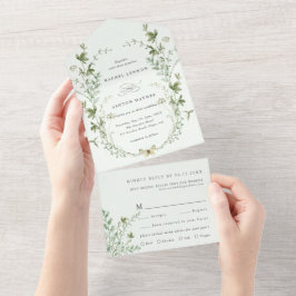 Bleke groene elegante Waterverf Wildflower Wedding All In One Uitnodiging