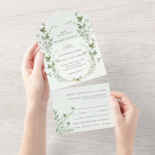 Bleke groene elegante Waterverf Wildflower Wedding All In One Uitnodiging