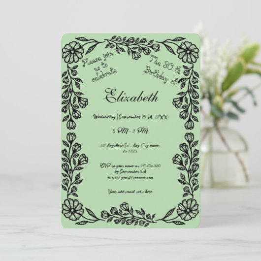 Bleke groene en zwarte botanische bloem 30e verjaa kaart (Staand voorkant)