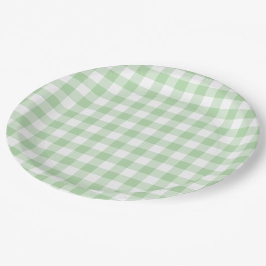 Bleke groene gingham check papieren bordje (Gekanteld)