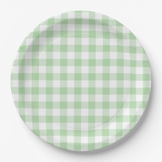 Bleke groene gingham check papieren bordje (Voorkant)