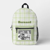 Bleke Groene Gingham Plaid Patroonnaam en foto Bedrukte Rugzak (Voorkant)