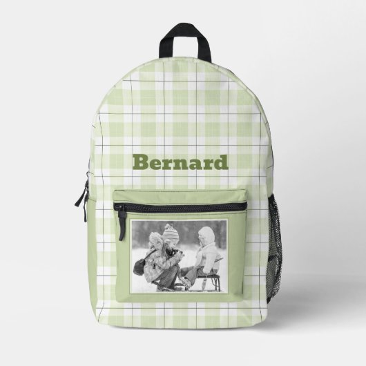 Bleke Groene Gingham Plaid Patroonnaam en foto Bedrukte Rugzak (Voorkant)