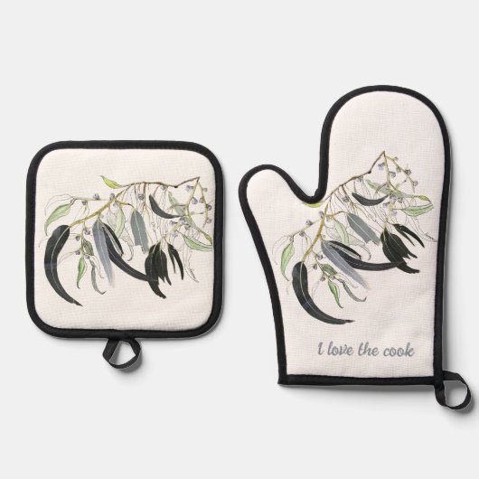 bleke groene gom blad aquarel ovenwant & pannenlap set (Voorkant)