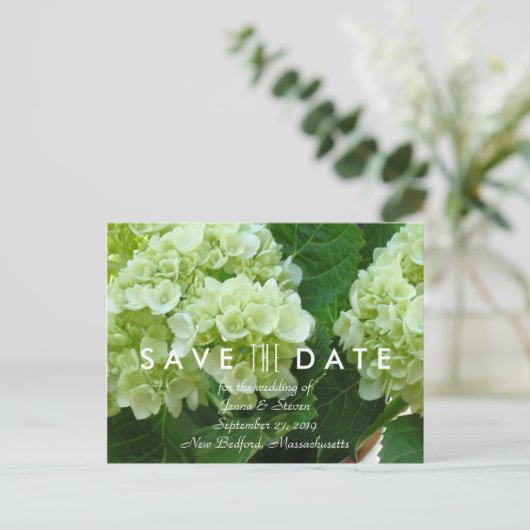 Bleke groene hortensia Save the Date Briefkaart (Staand voorkant)