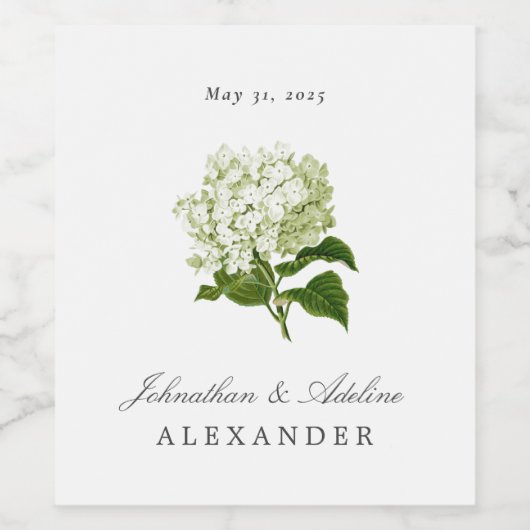 Bleke groene hortensia trouwdatum en namen wijn etiket (Enkel label)
