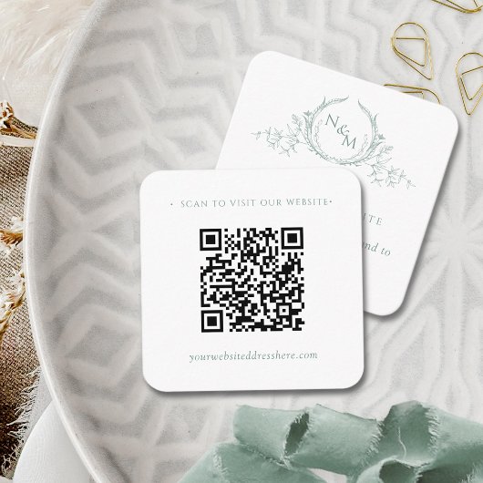 Bleke Groene QR Code Bruiloft RSVP Website Monogra Informatiekaartje