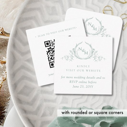 Bleke Groene QR Code Bruiloft RSVP Website Monogra Informatiekaartje