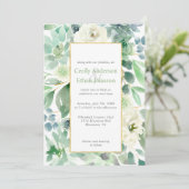 Bleke groene successen en witte bloemen gouden bru kaart (Staand voorkant)