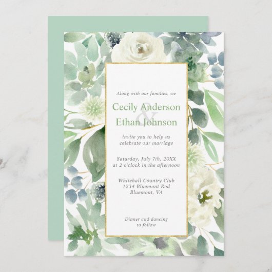 Bleke groene successen en witte bloemen gouden bru kaart (Voorkant / Achterkant)