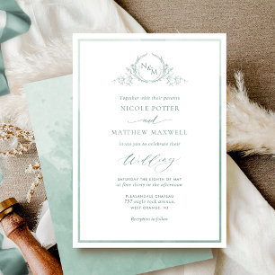 Bleke Groene Waterverf, Elegant Monogram Wedding Kaart