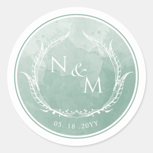 Bleke groene Waterverf monogram envelop Ronde Sticker (Voorkant)