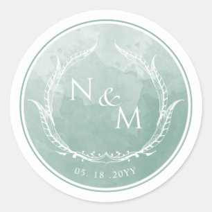 Bleke groene Waterverf monogram envelop Ronde Sticker