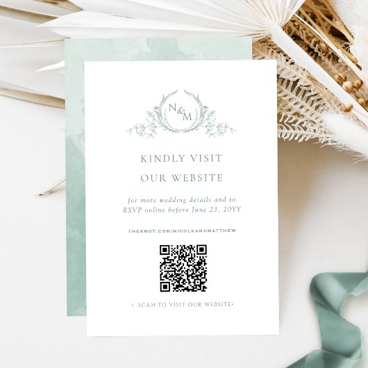 Bleke Groene Waterverf Monogram QR Code/RSVP Onlin Informatiekaartje