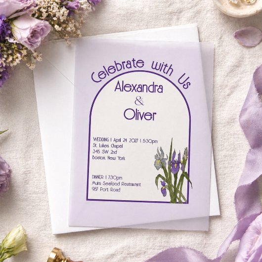 Bleke lavendel aquarel iris vellum bruiloft uitnodigingen