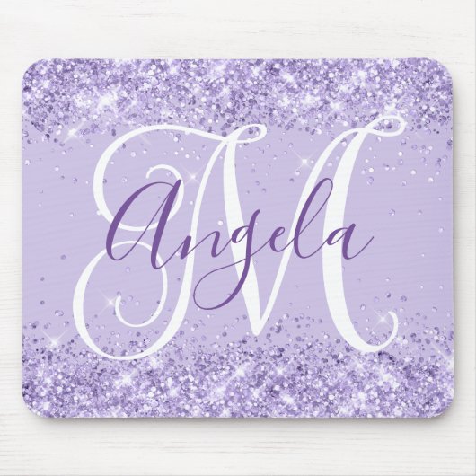 Bleke lavendel glitter elegante script monogram muismat (Voorkant)