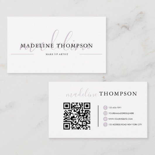 Bleke Lavender Calligraphy Script QR-code Visitekaartje (Voorkant / Achterkant)