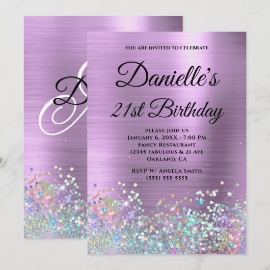 Bleke lavender Folie Holo Glitter Fancy Monogram Kaart (Voorkant / Achterkant)